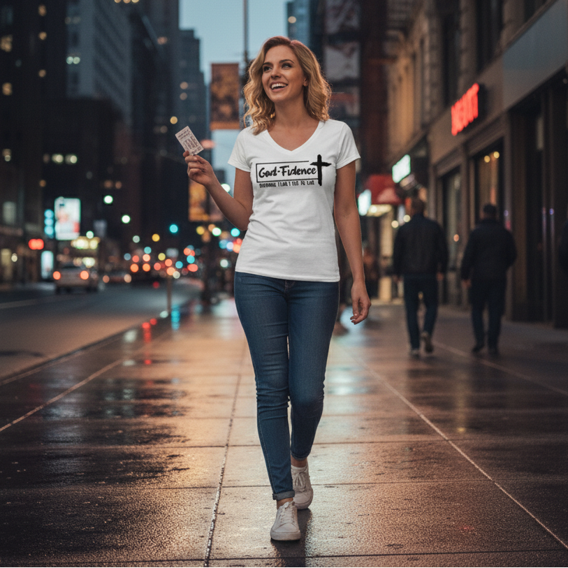 Woman walking on a city street at night with Christian Shirt on